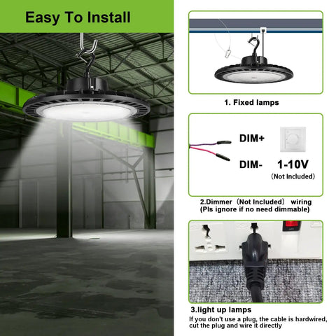 Installation guide for 150W LED High Bay Light 5000K for warehouses with US plug and dimmable 1-10V feature