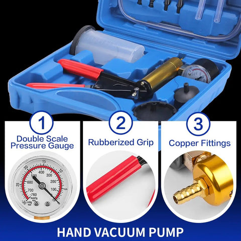 Brake Bleeder Kit With Handheld Vacuum Pump And Adapters Vacuum Bleeder Pump With Pressure Gauge For Cars And Motorbikes Universal Bleeding Tool For DIY Ready Solo Use Durable Metal Construction Red, blue case