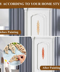 Before and after image showing Top Shelf 16 Piece Hand Carved Wood Appliques Set on cabinet, one section painted.