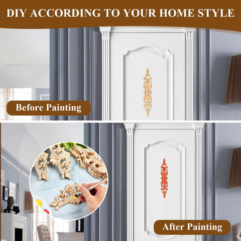 Before and after image showing Top Shelf 16 Piece Hand Carved Wood Appliques Set on cabinet, one section painted.