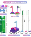 Kids Golf Toy Set With Dinosaur Automatic Ball Return LED Light Up Night Balls 3 Clubs Putting Mat Indoor Outdoor Mini Golf Games For Toddlers Ages 3 Plus Boys And Girls Pink, includes accessories and dimensions.