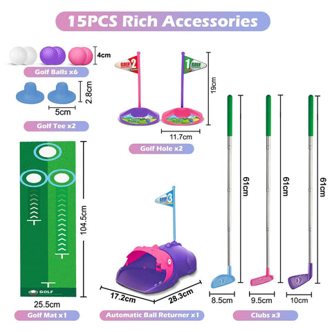 Kids Golf Toy Set With Dinosaur Automatic Ball Return LED Light Up Night Balls 3 Clubs Putting Mat Indoor Outdoor Mini Golf Games For Toddlers Ages 3 Plus Boys And Girls Pink, includes accessories and dimensions.