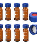 Pro Move 2ML Amber Glass Autosampler Vials With 9-425 Screw Top Caps And PTFE Silicone Septa For HPLC And GC Chromatography Labs 1000 Pack displayed on white background.