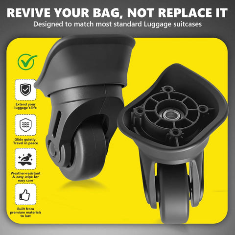 Universal Luggage Wheels Replacement Kit For Spinner Suitcases showing two 360 degree rotating casters with mounting holes