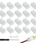 Top Shelf 10mm Cob Led Strip Connector Clips Two Pin Solderless Wire Adapter Terminal Extender For 5V 12V 24V Single Color Lights Zero Sweat Setup Quick Snap Fit Twenty Piece Grab Bag showing clear terminal connectors and tools.