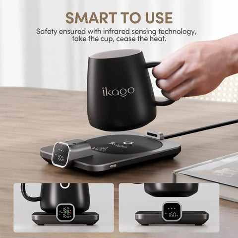 Level Up Your Morning Vibe This Smart Mug Warmer Game Changer Keeps Your Daily Brew Piping Hot With Precision Temp Control 15 Oz Ceramic Mugs Lids And Spoons Simple Cord Setup with black ceramic mug and heating base.
