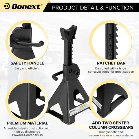 Beefy Heavy Duty 3 Ton Steel Jack Stands Adjustable Lift Stands Pair With Sawtooth Ratchet Bar And Double Lock Stable Pyramid Base Black Car Lifting Stands For Safe Vehicle Support In The Garage detail view