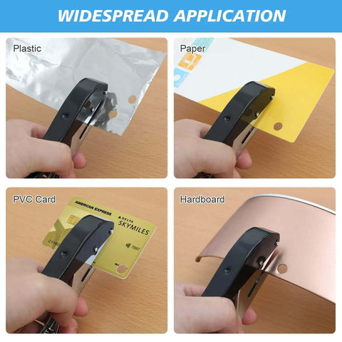 Heavy Duty 8mm Single Hole Punch Portable Handheld Paper Punch for tags, cards, plastic, and cardboard with precise alignment in use.