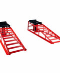 Heavy Duty 11,000 Lbs Hydraulic Car Ramps With Low Profile Lift, red metal ramps with pin lock safety, two pack shown.
