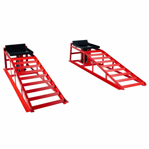 Heavy Duty 11,000 Lbs Hydraulic Car Ramps With Low Profile Lift, red metal ramps with pin lock safety, two pack shown.
