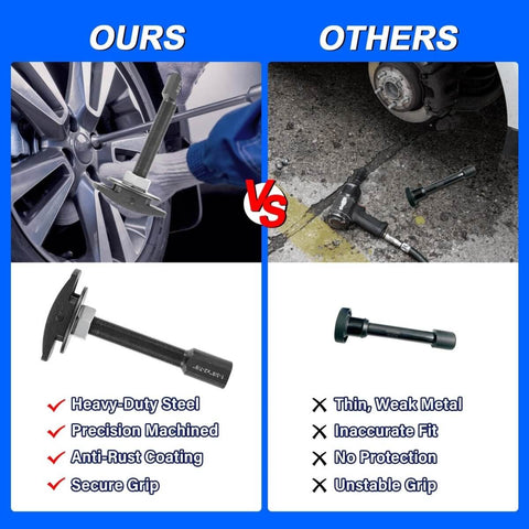 Comparison of rear axle bearing puller kits showing a heavy-duty pro grade kit with three size adapters versus a weaker variant.