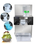 Heavy Duty Commercial Snowflake Ice Shaver Automatic Electric Flake Maker cranking out fluffy cones, with ice collection bowl.