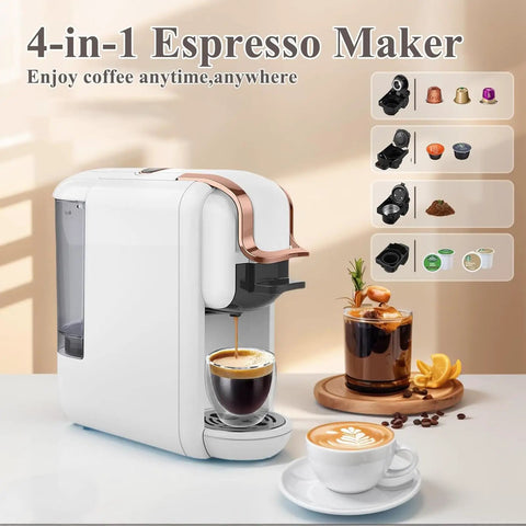 4 In One Compact Coffee Maker Offers No Sweat Hot And Cold Brewing Compatible With K Cup And Dolce Gusto Pods Portable Espresso System for brewing espresso and cold coffee.