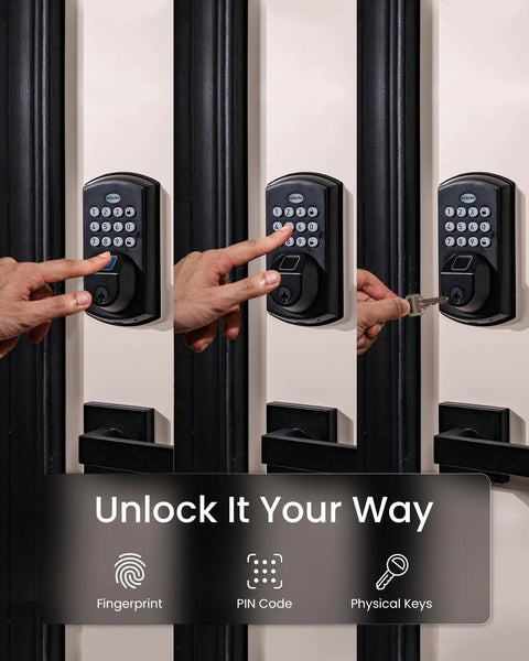 A100F Keypad Fingerprint Door Lock With Keyless Entry demonstrating fingerprint, PIN, and key access on a door