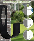 Installation guide for Heavy Duty Wall Mount Hose Holder, steel construction with wide hooks, shown mounted on a brick wall.