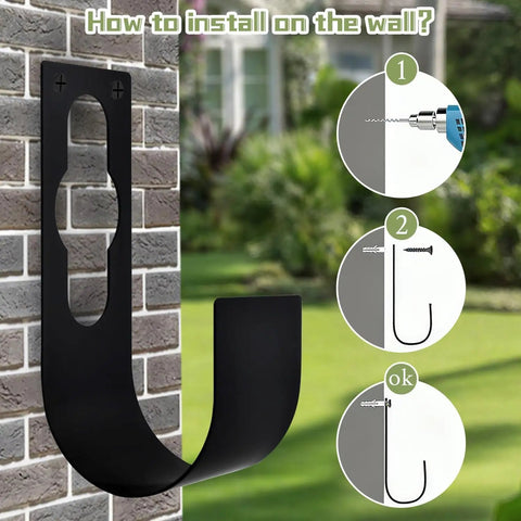 Installation guide for Heavy Duty Wall Mount Hose Holder, steel construction with wide hooks, shown mounted on a brick wall.
