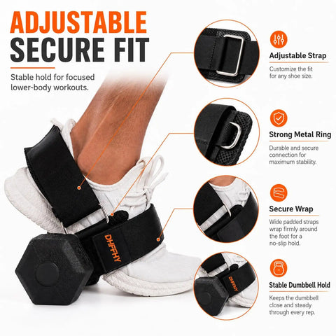 Dumbbell Foot Attachment For Glute Kickbacks And Hamstring Curls With Adjustable Ankle Strap showing secure fit around shoe