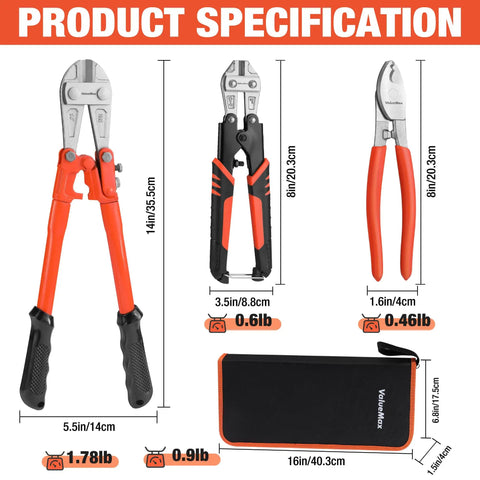 Beefy Heavy Duty Bolt Cutter Set 3 Piece With Carrying Bag Includes 14 Inch Bolt Cutter 8 Inch Mini Cutter 8 Inch Cable Cutter