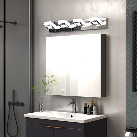 Lit Three Light Chrome Vanity Light Bar With Dimmable LED Heads, Adjustable 180 Degree Up Down And 360 Degree Swivel, installed over mirror
