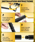 Installation steps for the 2-In-1 Manual Rotary Cultivator And Weeder with Adjustable Long Handle, showing blade and handle assembly.