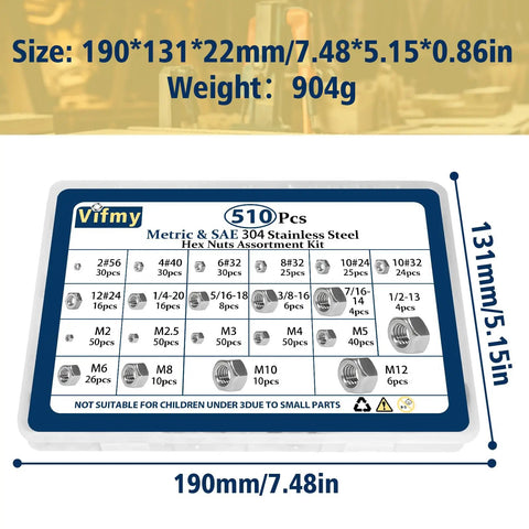 Two In One Hex Nut Kit For DIY And Automotive, 510 Piece SAE And Metric Nut Set, 304 Stainless Steel Nuts box dimensions