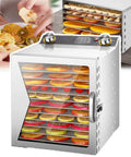400 Watt Professional Electric Food Dehydrator With Adjustable Thermostat And Timer filled with colorful dried fruits on steel mesh racks.