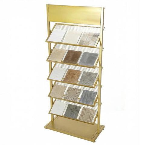 Five Tier Swatch Sample Storage Rack In Gold, Heavy Duty Metal Frame With Dense Wire Mesh, Stable Build For Ceramics, Glass, Building Materials, Space Saving Display Stand For Pro Grade Showcases, 67x35x150 cm