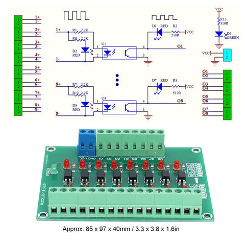 Diagram and board of 8 Channel Optical Isolation Module For PLCs With 20kHz Switching Frequency Optocoupler Converter