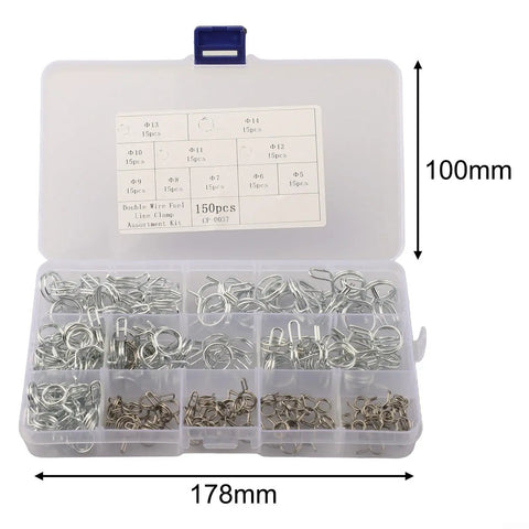 FABULETTA Double Wire Hose Clamp Kit 150 Pcs Stainless And Carbon Steel Spring Clips Assorted Sizes 5Mm To 14Mm Heavy Duty Plumbing Fixings For Pipes And Hoses That Will Hold Tight No Slipping And Durability, open storage case with 5mm-14mm clamps
