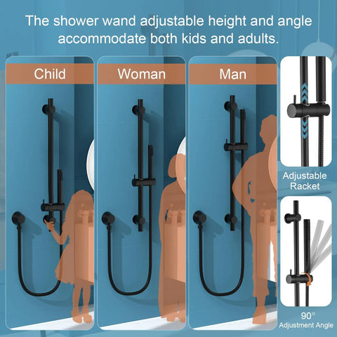 Round Hand Held Shower Head With 28 Inch Slide Bar Matte Black Shower Slide Bar Kit Featuring 304 Stainless Steel Bar adjustment options