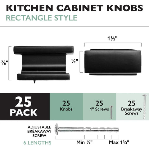 Flat Black Rectangle Cabinet Knobs Set, 25 Pack Kitchen Drawer Handles, Built Tough Durable Metal Hardware For Cabinets And Furniture