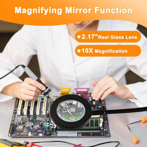 Technician using 2 In 1 Magnifying Desk Lamp With Light And Timer For Craft And Sewing on circuit board with magnifying glass.