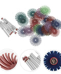 Multiple colored radial bristle discs and shank attachments for versatile use in woodwork and bead carving.