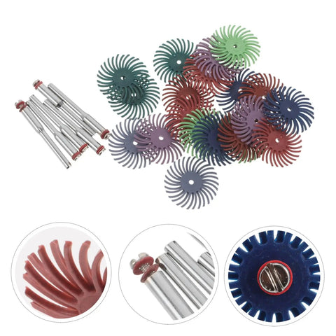 Multiple colored radial bristle discs and shank attachments for versatile use in woodwork and bead carving.