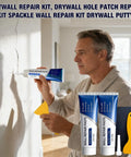 Person using Two Pack Quick-Dry Drywall Repair Kit With Scraper And Paste For Quick Fix Holes Cracks Scratches And Graffiti.