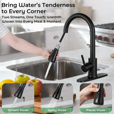 Matte Black Pull Down Kitchen Sink Faucet In Solid Stainless Steel With Single Handle Spray Head For Zero Drip Action And A Super Clean Modern Kitchen Glow Up Built Tough For Day To Day in use, washing fruits in a sink.