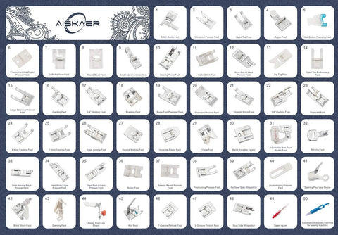 Front collage of Aiskaer 48-pack sewing machine presser feet set; assorted foot types for Brother, Singer, Janome, more