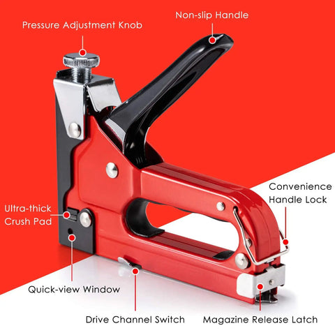 Beast Of A 4 In 1 Heavy Duty Upholstery Staple Gun Kit showing pressure knob, non-slip handle, and staple view window