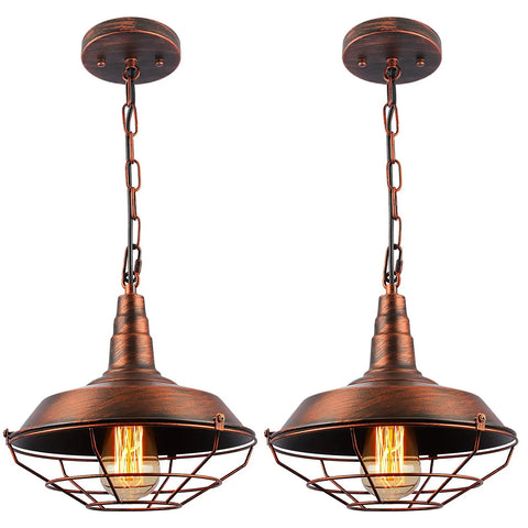 Industrial Pendant Lights 2 Pack For Kitchen Island Farmhouse Style Hanging Fixtures With Adjustable Chains And Rustic Metal Wire Cage
