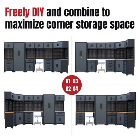 Pro Grade Heavy Duty Garage Corner Storage Cabinet System With Workbench And Pegboard 15 Piece Set in customizable configurations