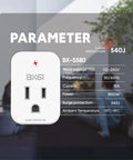 Front view of Two Pack Surge Protector Outlet With Ground Protection And Light Indicator 15A 1800W, showing specs and design.