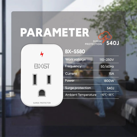 Front view of Two Pack Surge Protector Outlet With Ground Protection And Light Indicator 15A 1800W, showing specs and design.