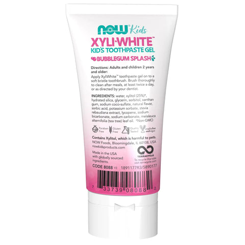 Back view of Bubblegum Splash XyliWhite Kids Toothpaste Gel Fluoride Free SLS Free Sugar Free Gluten Free 3 Ounce Tube