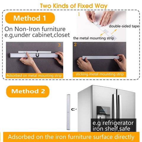 Installation methods for Super Bright Rechargeable Closet Lights With 78 LED Motion Sensor Night Lighting shown with hands mounting light.