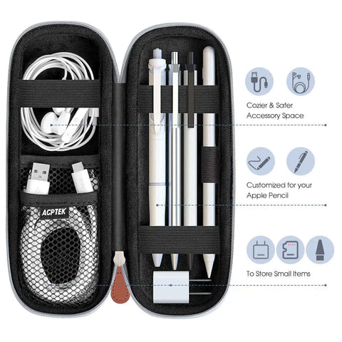 Sleek PU Leather Case Holder For Apple Pencil And Tablet Stylus Pens Featuring Snug Multi Storage Slots For Organizing Charging Cables And Adapters Compact Grey Gear Tote For Your Daily Grind opened showing accessories and pens.