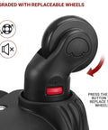 Close-up of a black rolling backpack wheel assembly with replaceable wheel mechanism and red push button