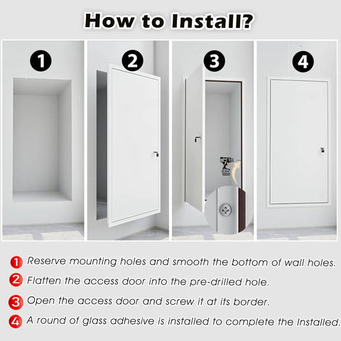 Installation steps for Rock Solid Fire Rated Access Panel Recessed Wall Inspection Door in a drywall frame.