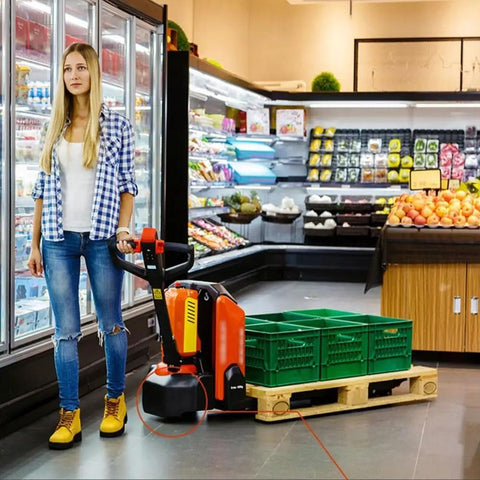 Super Heavy Duty Full Electric Pallet Jack With 3300 Lbs Capacity And Removable Lithium Battery For Tiny Warehouses And Indoor Handling Needs in grocery store.