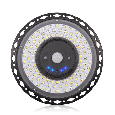 Front view of Solar Shed Lights Indoor And Outdoor With Motion Sensor And Remote Control 5 Lighting Modes for shed or garage illumination