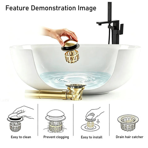 No Fuss Tub Drain Overflow Kit With Smooth Pop Up Stopper And Nifty Copper Hair Catcher Basket in action above modern bathtub.